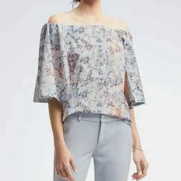 BANANA REPUBLIC PINSTRIPE FRENCH FLORAL TOP SZ L - Picture 1 of 8